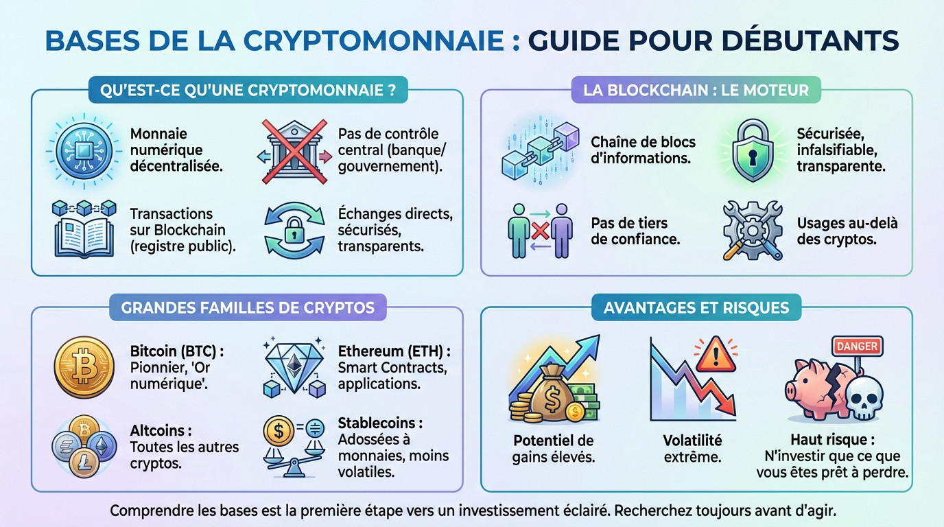 Illustration pédagogique montrant les concepts de base de la cryptomonnaie et de la blockchain pour les débutants