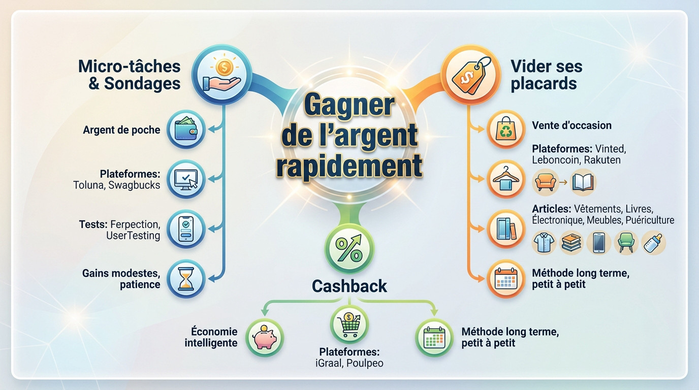Illustration montrant diverses méthodes pour gagner de l'argent rapidement : smartphone, pièces de monnaie et graphiques de croissance