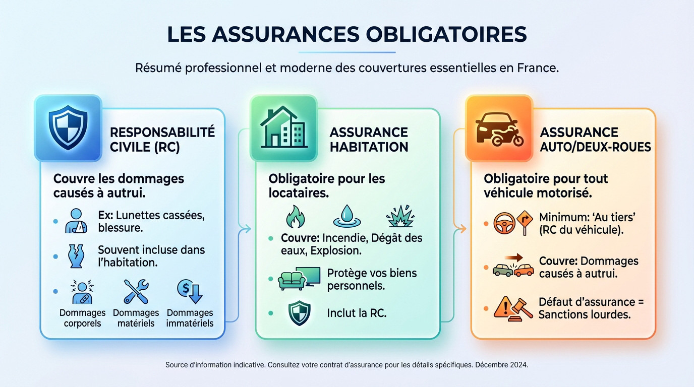 Illustration des assurances obligatoires en France : habitation, auto et responsabilité civile