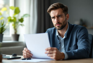 Conducteur inquiet lisant une lettre de résiliation d'assurance auto