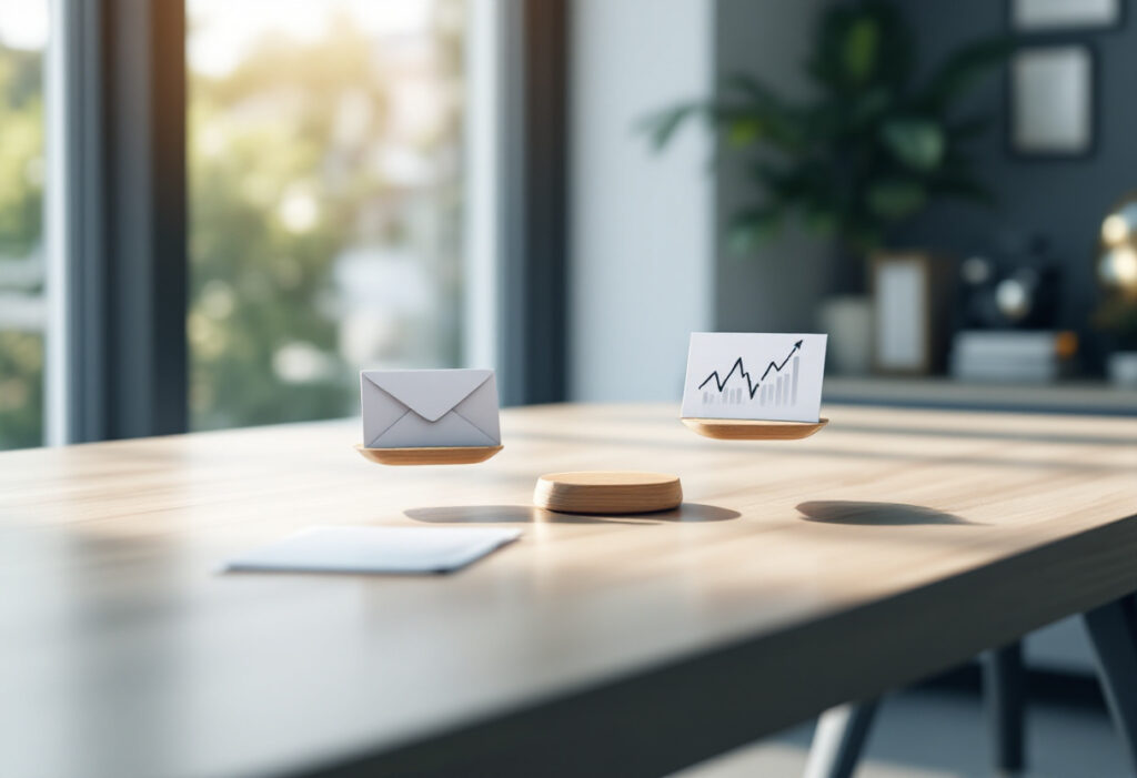 Balance d'equilibre entre une enveloppe assurance vie et un graphique boursier PEA, choix d'epargne