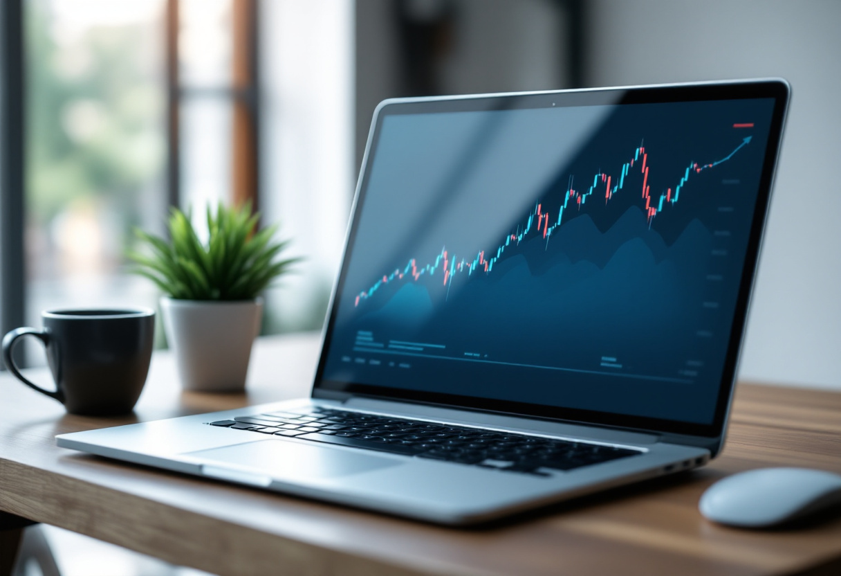 Jeune investisseur consultant un graphique boursier ascendant sur un ordinateur portable, ambiance calme et lumineuse