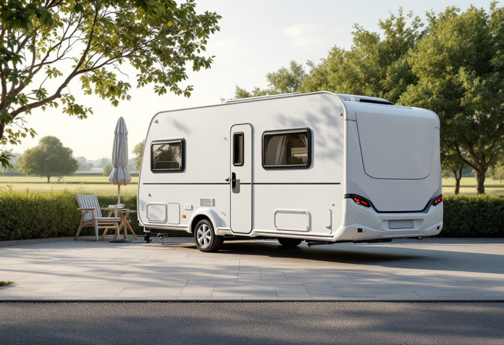 Caravane résidentielle blanche stationnée sur une aire d'accueil