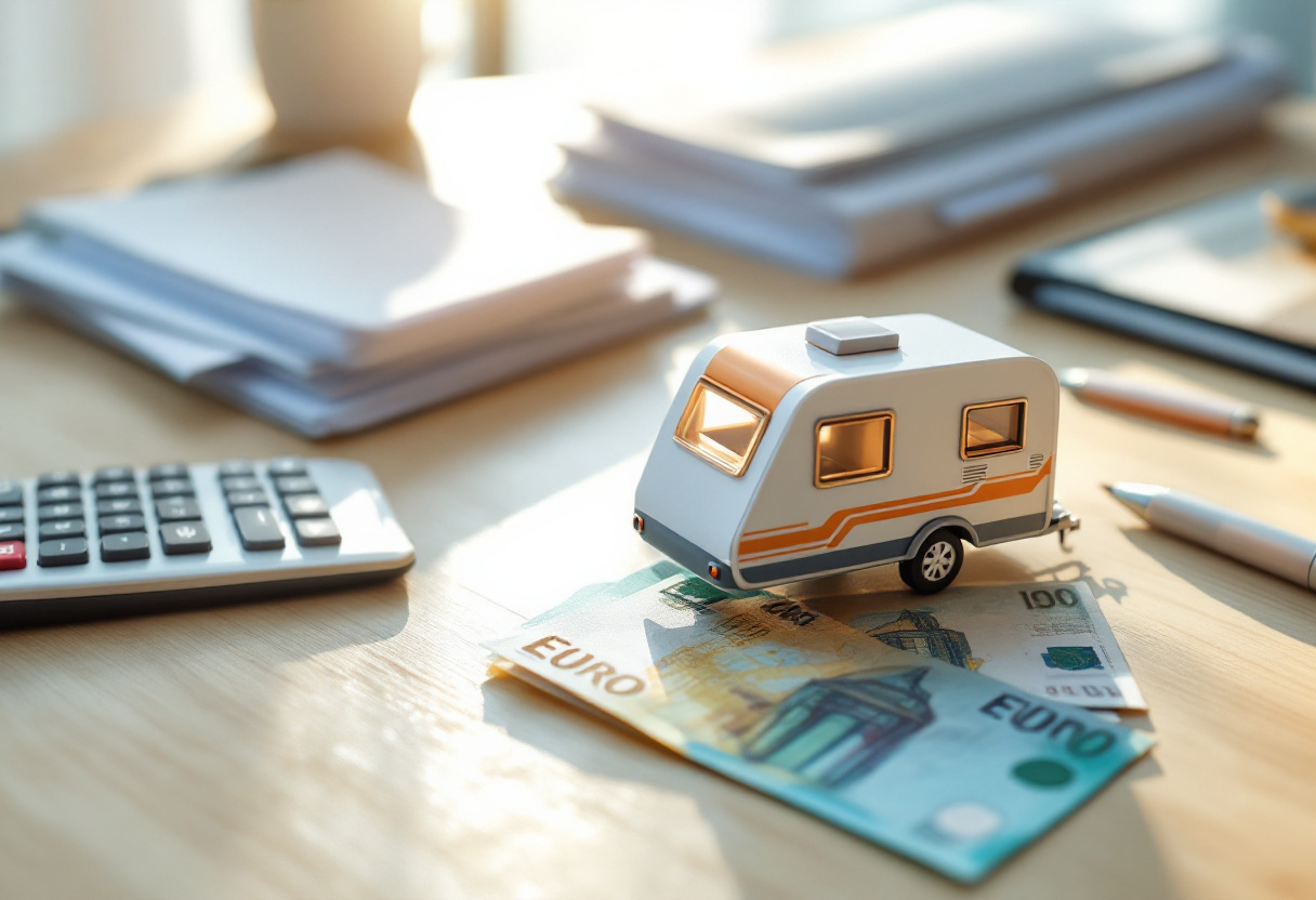Caravane résidentielle stationnée sur une aire d'accueil avec un dossier de financement et une calculatrice