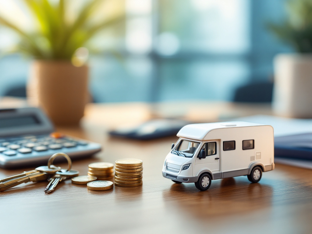 Maquette de camping-car avec calculatrice, clés et pièces symbolisant le financement
