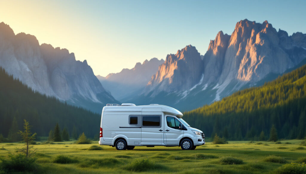 Camping-car blanc stationné en montagne au coucher du soleil