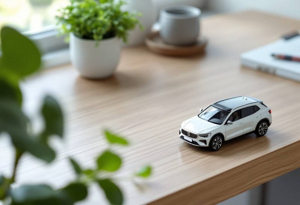 Voiture miniature blanche sur un bureau, changement d'assurance auto
