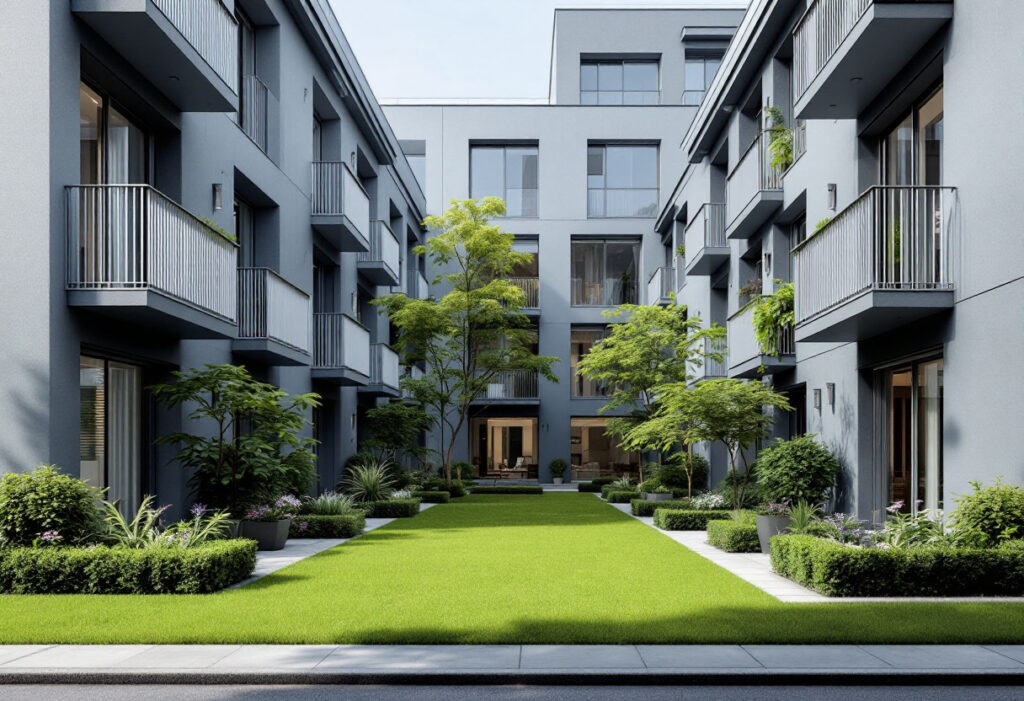 Immeuble résidentiel moderne avec parties communes et balcons sous une lumière claire
