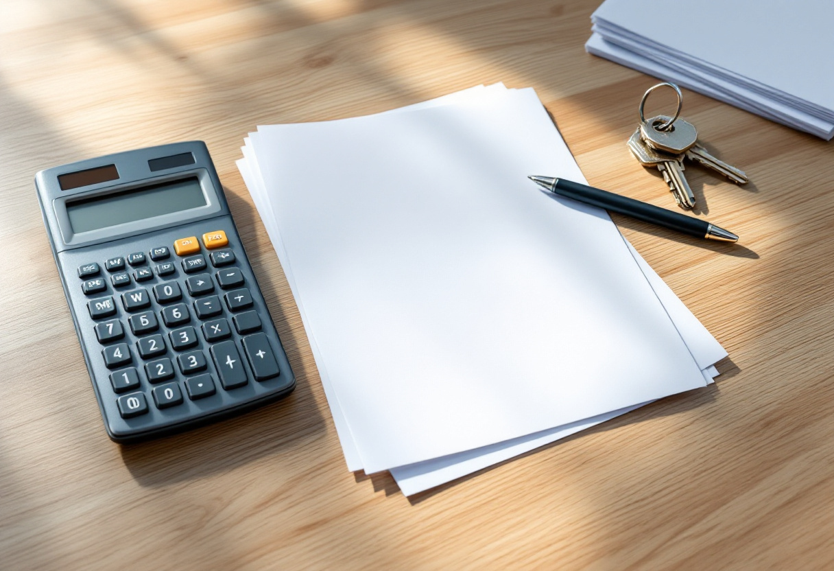 Tableau de répartition des charges de copropriété et calculatrice posés sur une table