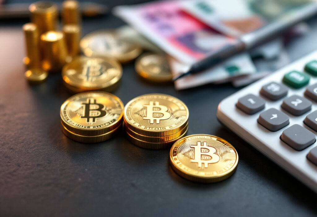 Pièces de bitcoin avec billets en euros et calculatrice, fiscalité crypto