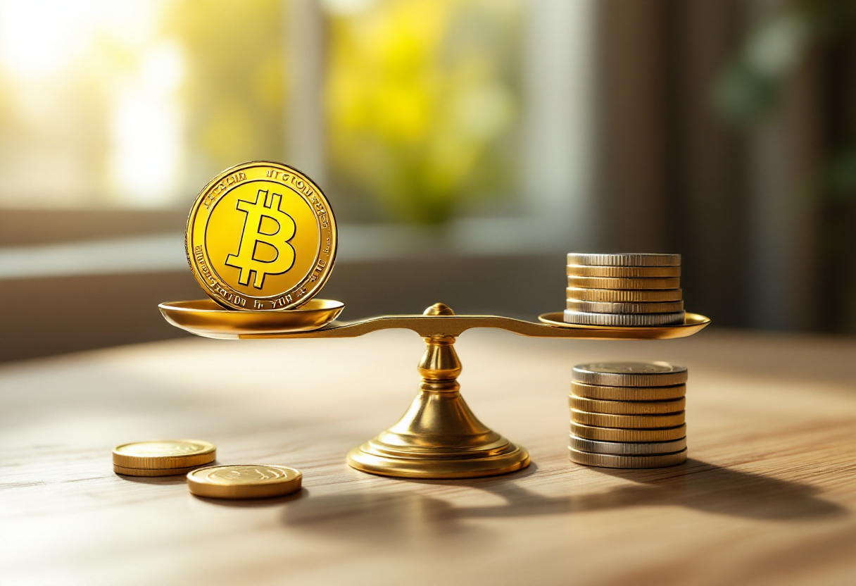 Pièces de cryptomonnaie sur une balance face à des euros, symbolisant la fiscalité crypto