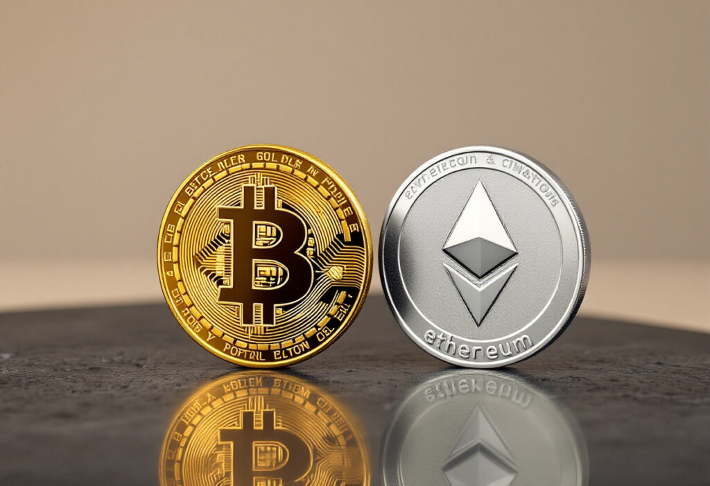Pièce de bitcoin et pièce d'ethereum, socle pour investir en cryptomonnaie