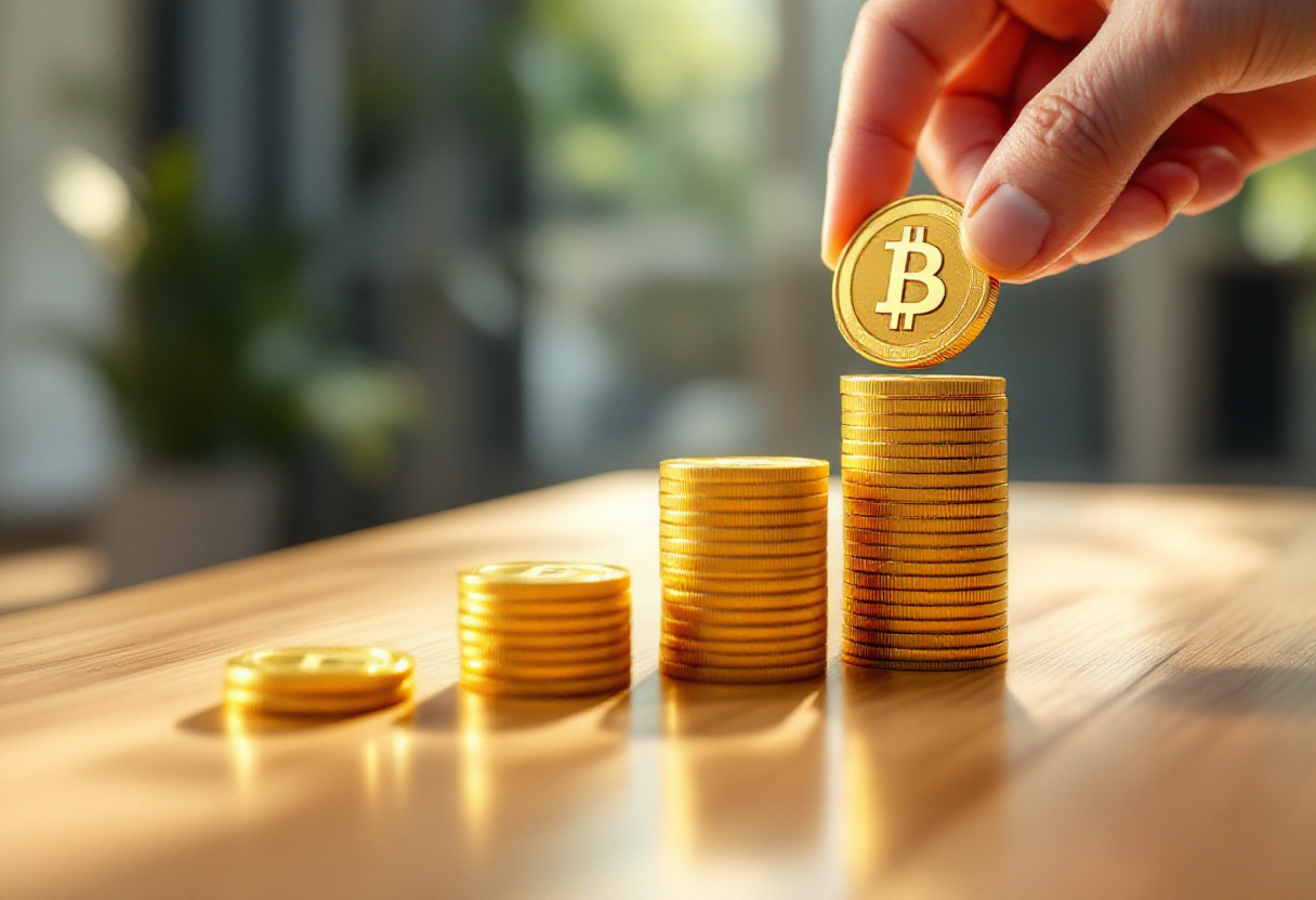 Pièces de bitcoin et d'ethereum empilées progressivement, illustration de l'investissement régulier