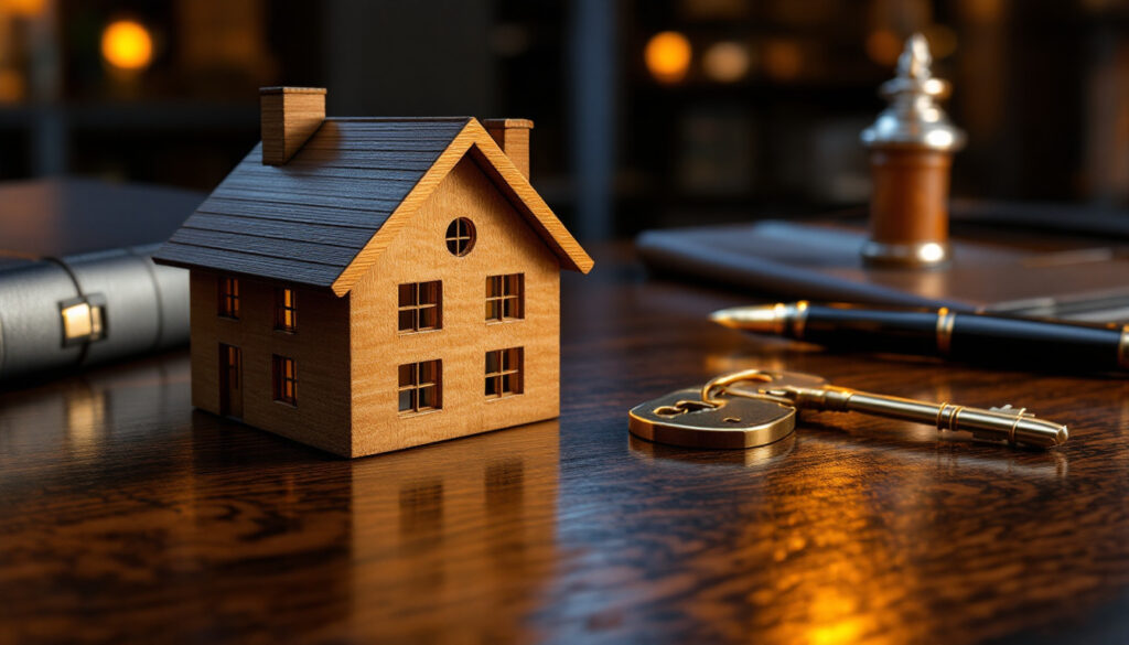 Maison miniature et clé sur un bureau de notaire, symbole de donation immobilière