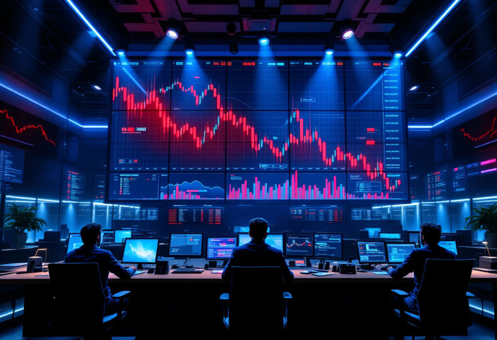 Écran de cotation crypto en forte baisse avec courbes rouges plongeantes, illustration d'un krach