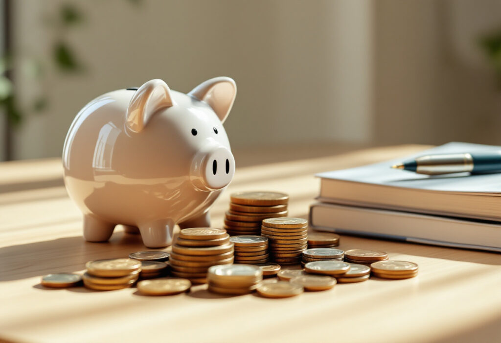 Tirelire avec pièces en euros et carnet d'épargne, Livret A 2026