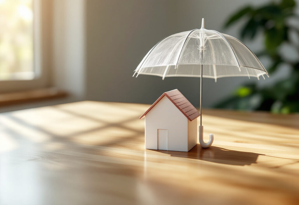 Maquette de maison protégée par un parapluie, assurance emprunteur loi Lemoine