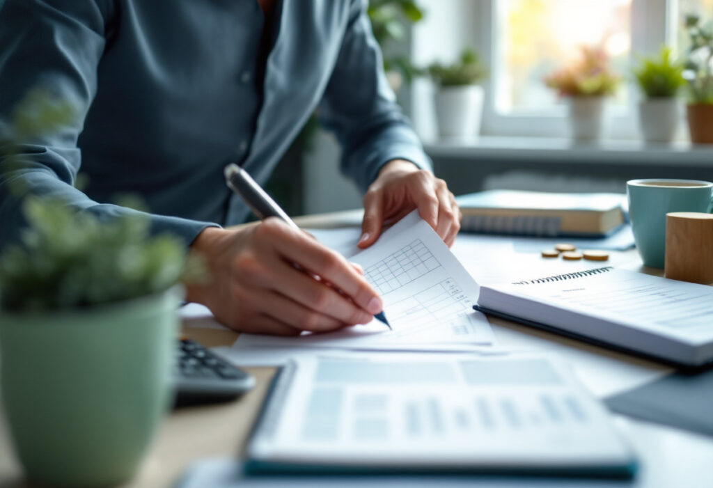 Personne organisant son budget mensuel à son bureau selon la méthode 50/30/20
