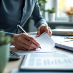 Personne organisant son budget mensuel à son bureau selon la méthode 50/30/20