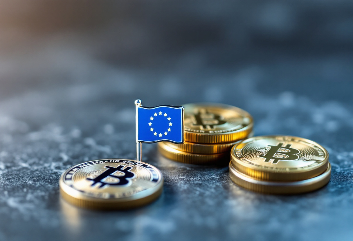 Drapeau européen et symboles crypto, régulation MiCA des crypto-actifs en Europe