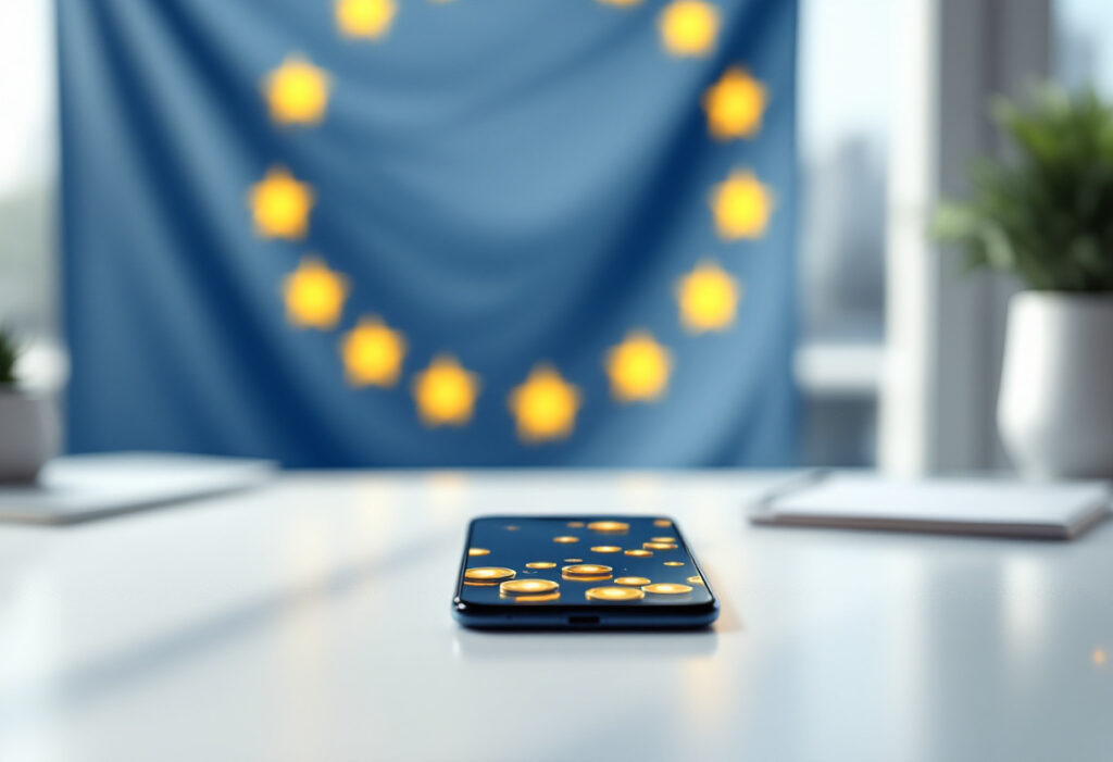 Drapeau européen et symboles de cryptomonnaies, régulation MiCA