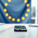 Drapeau européen et symboles de cryptomonnaies, régulation MiCA
