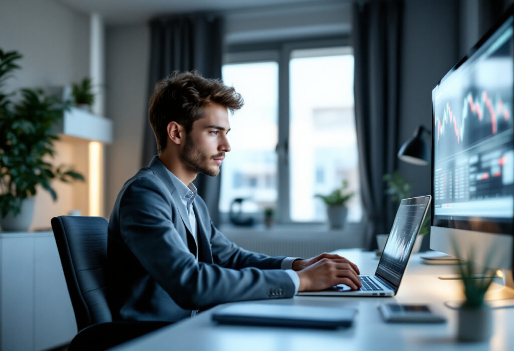 Jeune investisseur ouvrant un plan d'épargne en actions et consultant des ETF sur son ordinateur