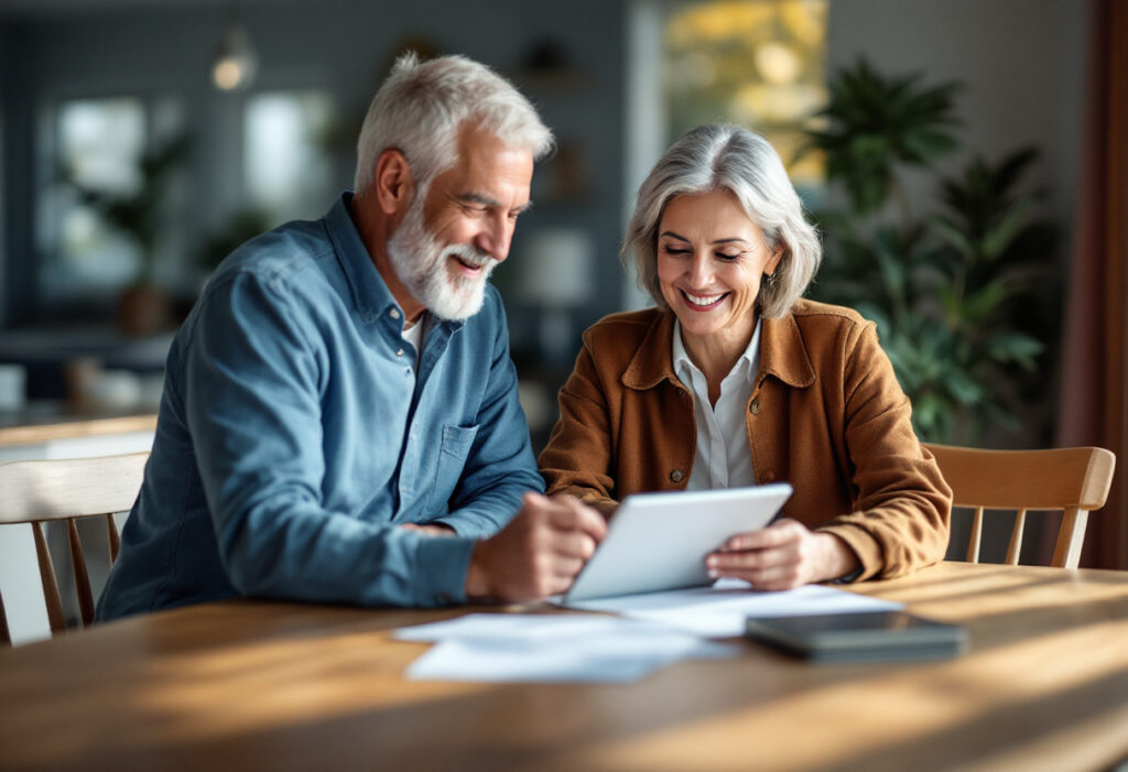Couple souriant préparant sa retraite, plan épargne retraite PER et documents financiers