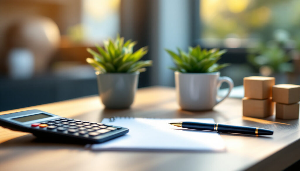 Bureau avec calculatrice, bloc-notes et stylo pour élaborer un plan de financement