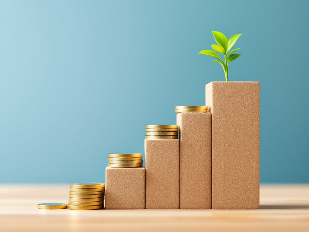 Marches en bois et piles de pièces illustrant un plan de financement construit étape par étape