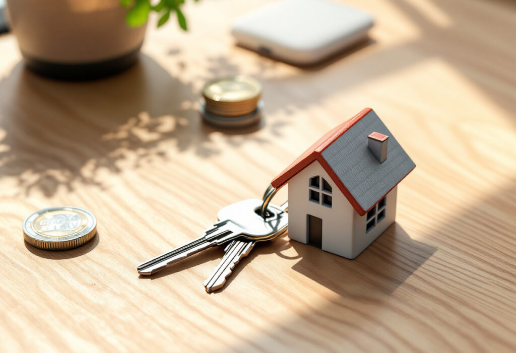 Clés de maison avec porte-clés maison et pièces en euros, prêt immobilier sans apport