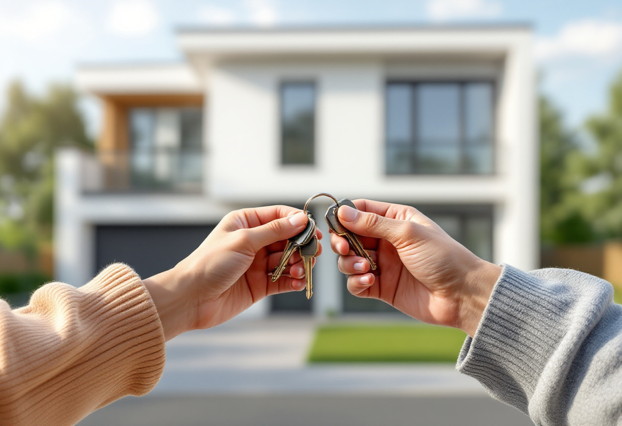 Clés de maison neuve devant une maison moderne, prêt à taux zéro PTZ