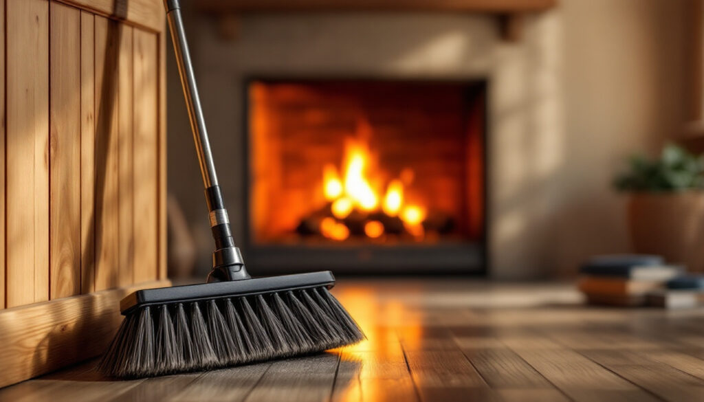 Brosse de ramonage devant une cheminée allumée, entretien obligatoire du conduit