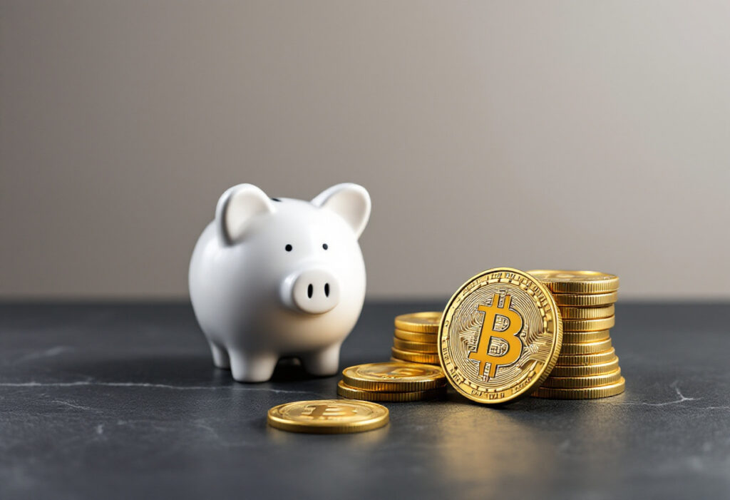 Pièces de bitcoin et tirelire, réduire l'impôt sur les gains crypto