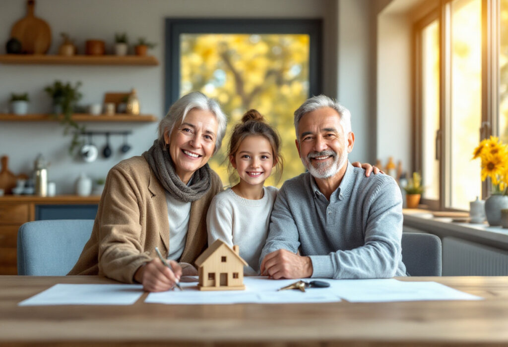 Famille réunie autour d'une table avec un conseiller, signature des statuts d'une SCI familiale et maquette de maison