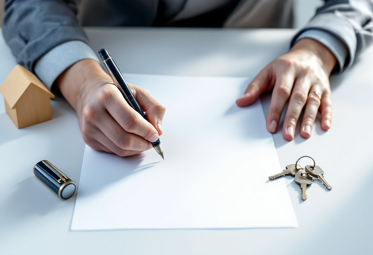 Famille signant les statuts d'une SCI familiale avec un conseiller, documents et clés de maison
