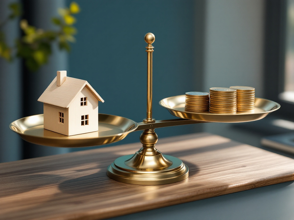 Balance avec une maison et des pièces illustrant la valeur d'un bien dans une succession