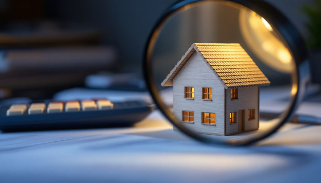 Maison miniature observée à la loupe, estimation d un bien immobilier en succession