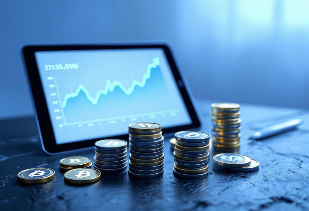 Pièces de cryptomonnaie et graphique de rendement, illustration du staking en preuve d'enjeu