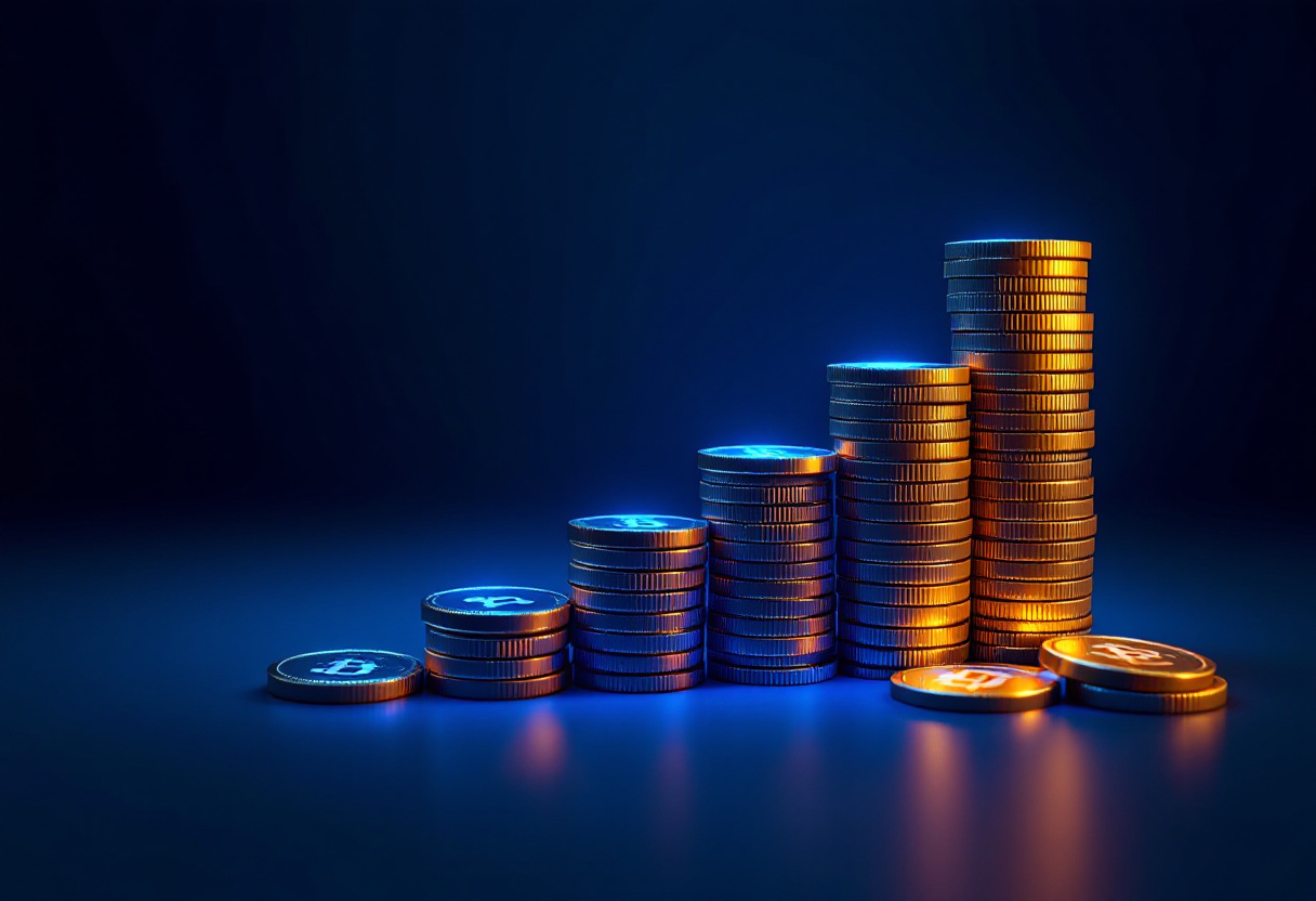 Pieces de cryptomonnaie empilees et graphique de rendement, illustration du staking crypto
