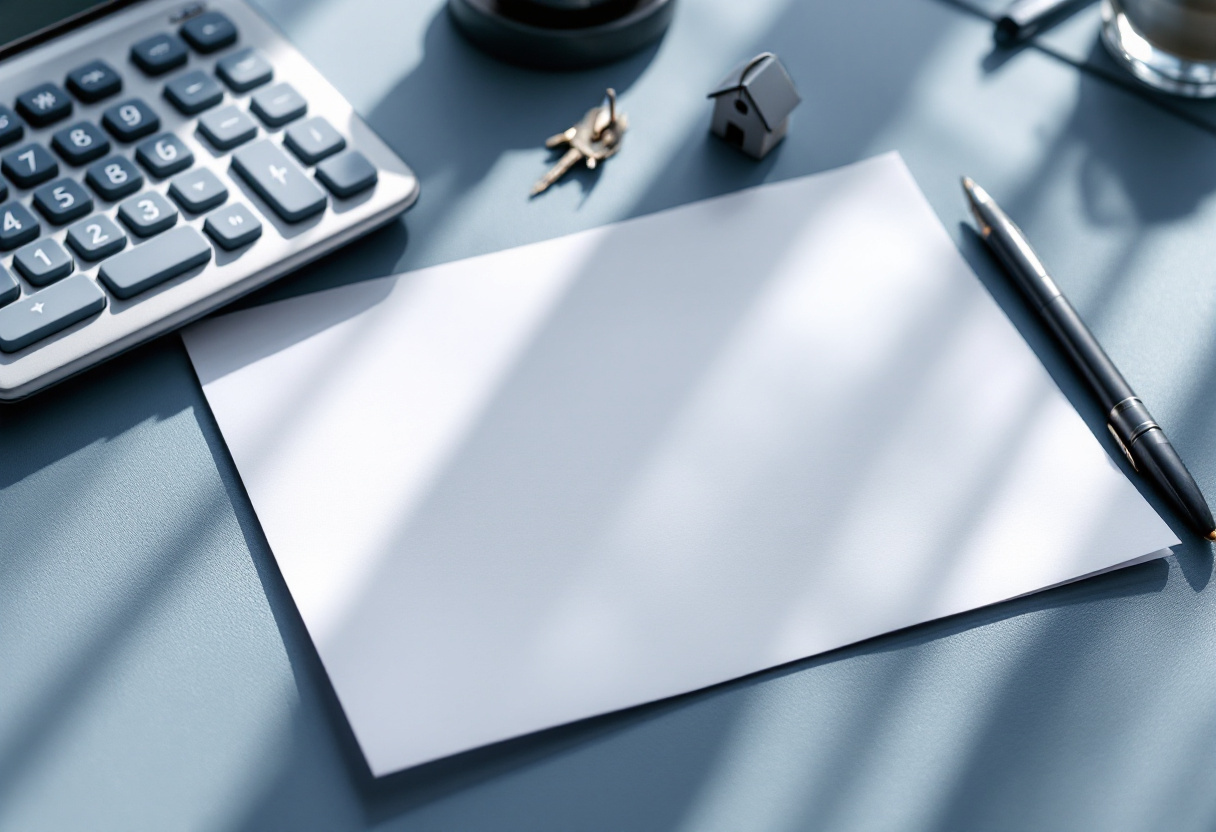 Avis de taxe foncière, calculatrice et clés de maison sur un bureau