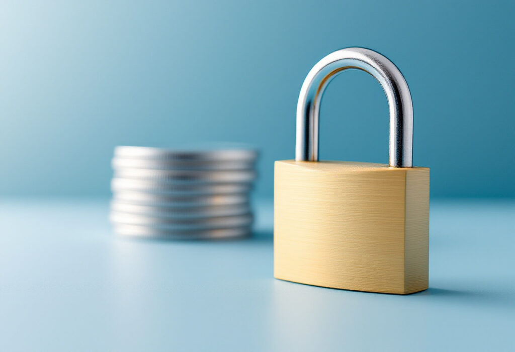 Cadenas fermé devant une pile de jetons métalliques, sur fond bleu clair