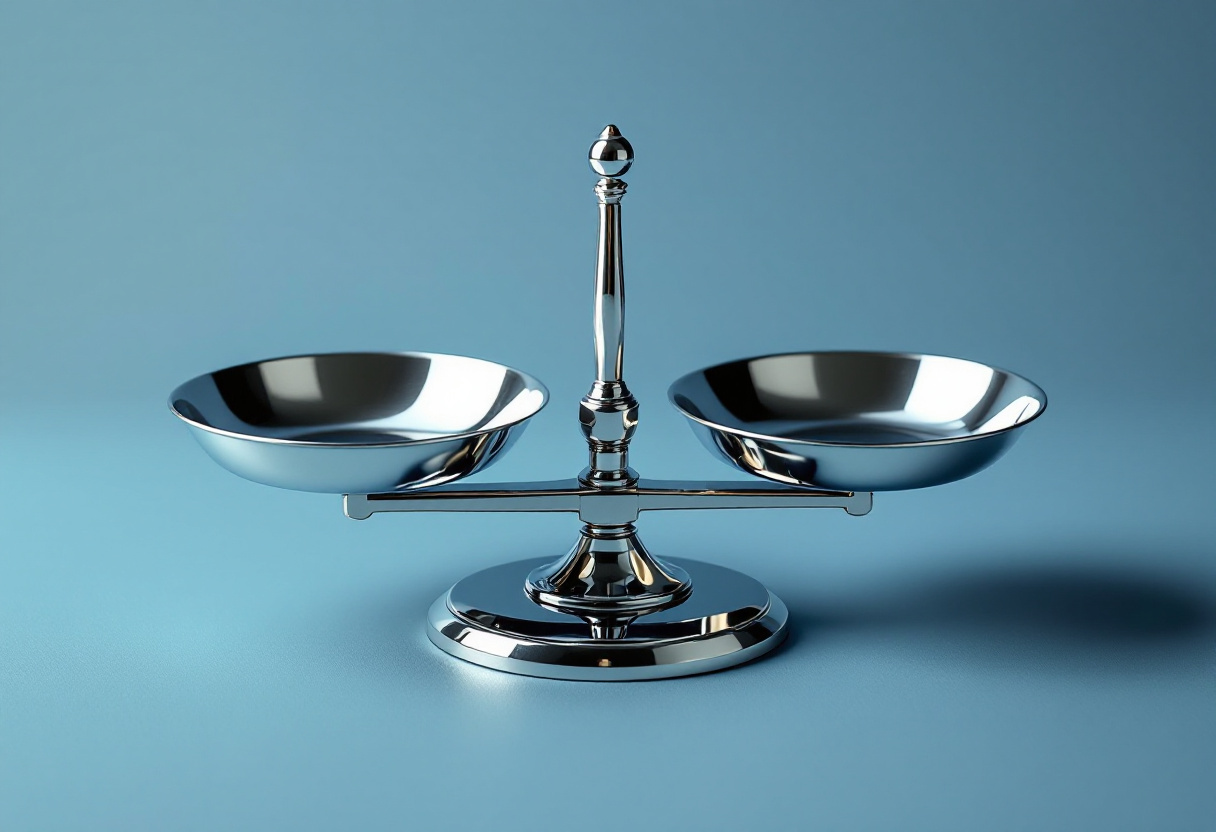 Balance à plateaux vides posée sur une surface bleu clair, symbole de l'évaluation d'un projet