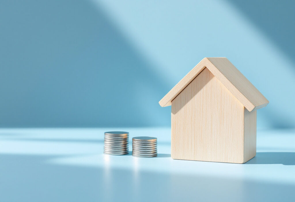 Maquette de maison en bois et deux piles de pièces métalliques sur fond bleu clair