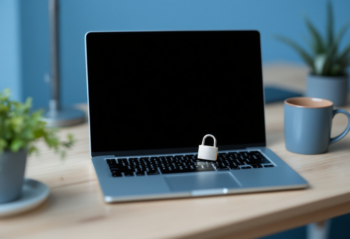 Cadenas posé sur le clavier d'un ordinateur portable à l'écran éteint, sur un bureau clair