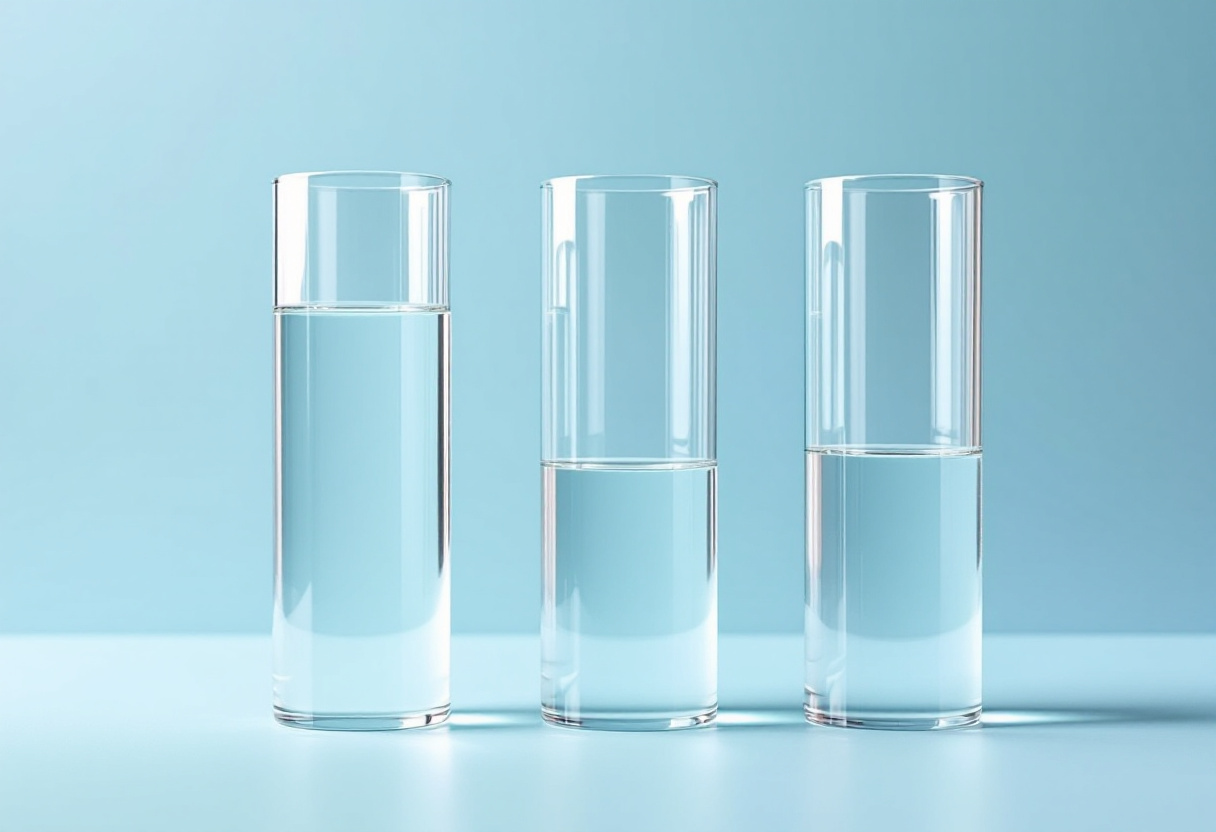 Trois cylindres de verre transparents remplis à des niveaux différents sur fond bleu clair