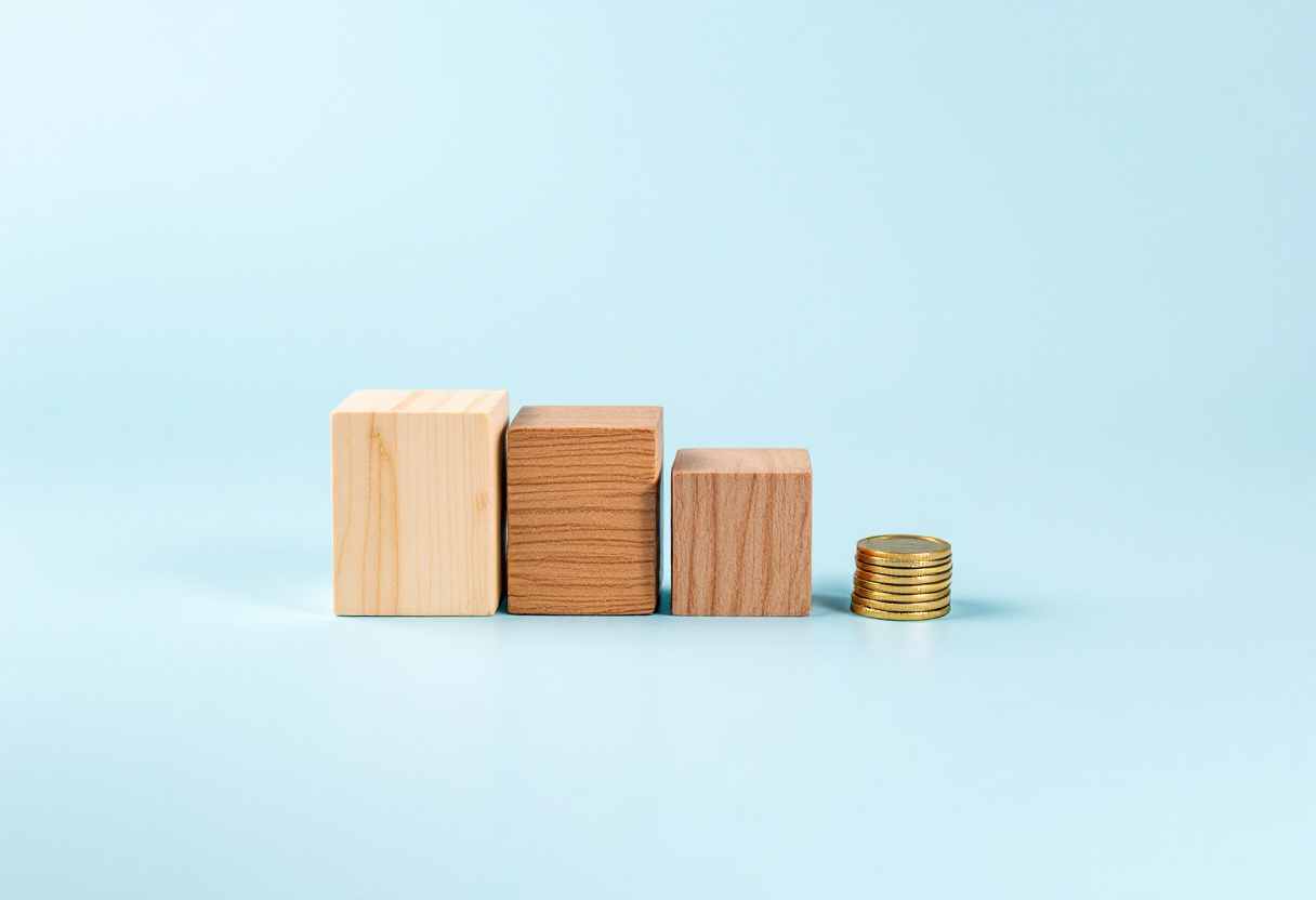 Trois cubes de bois de hauteur décroissante alignés en escalier, à côté d'une pile de pièces, sur fond bleu clair