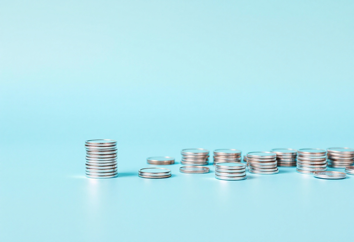 Une pile de pièces à gauche et de nombreuses petites piles échelonnées vers la droite, sur fond bleu clair