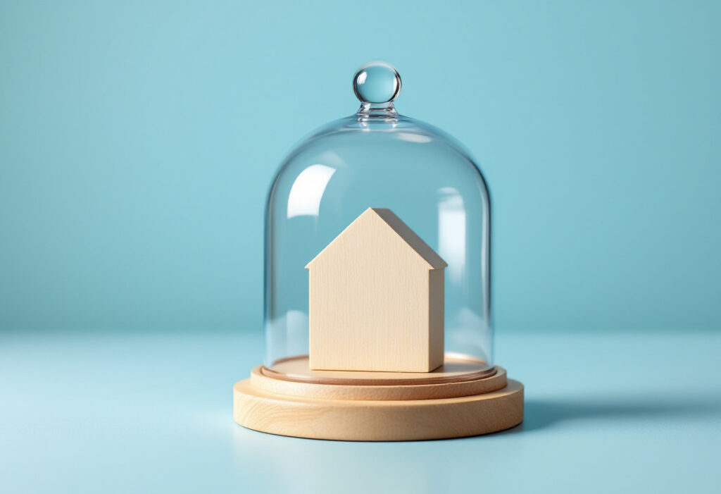 Petite maison en bois clair sous une cloche de verre, sur un fond bleu clair