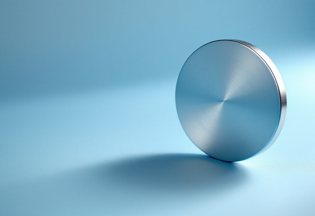 Disque métallique lisse dressé sur sa tranche sur un fond bleu clair